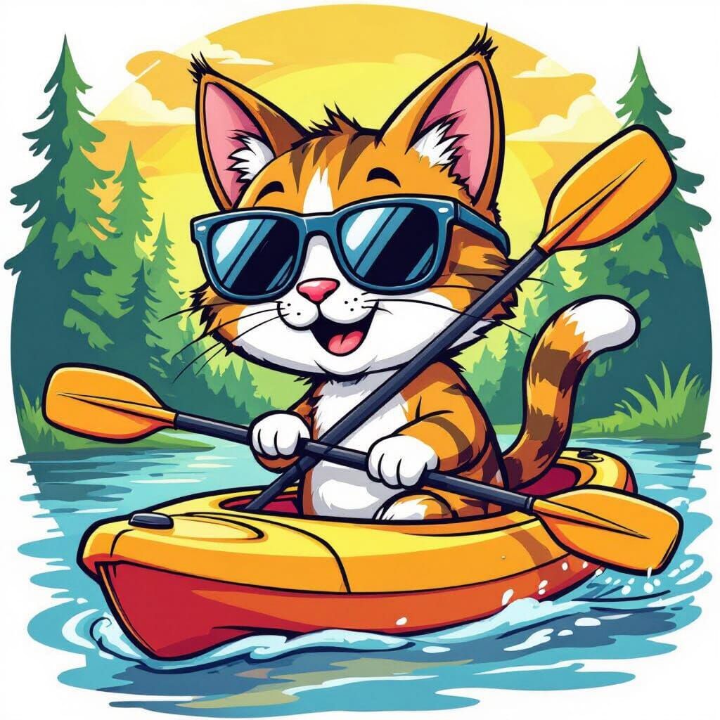 Goofy Cat Kayaking in Sunglasses, Whimsical Colorful Style