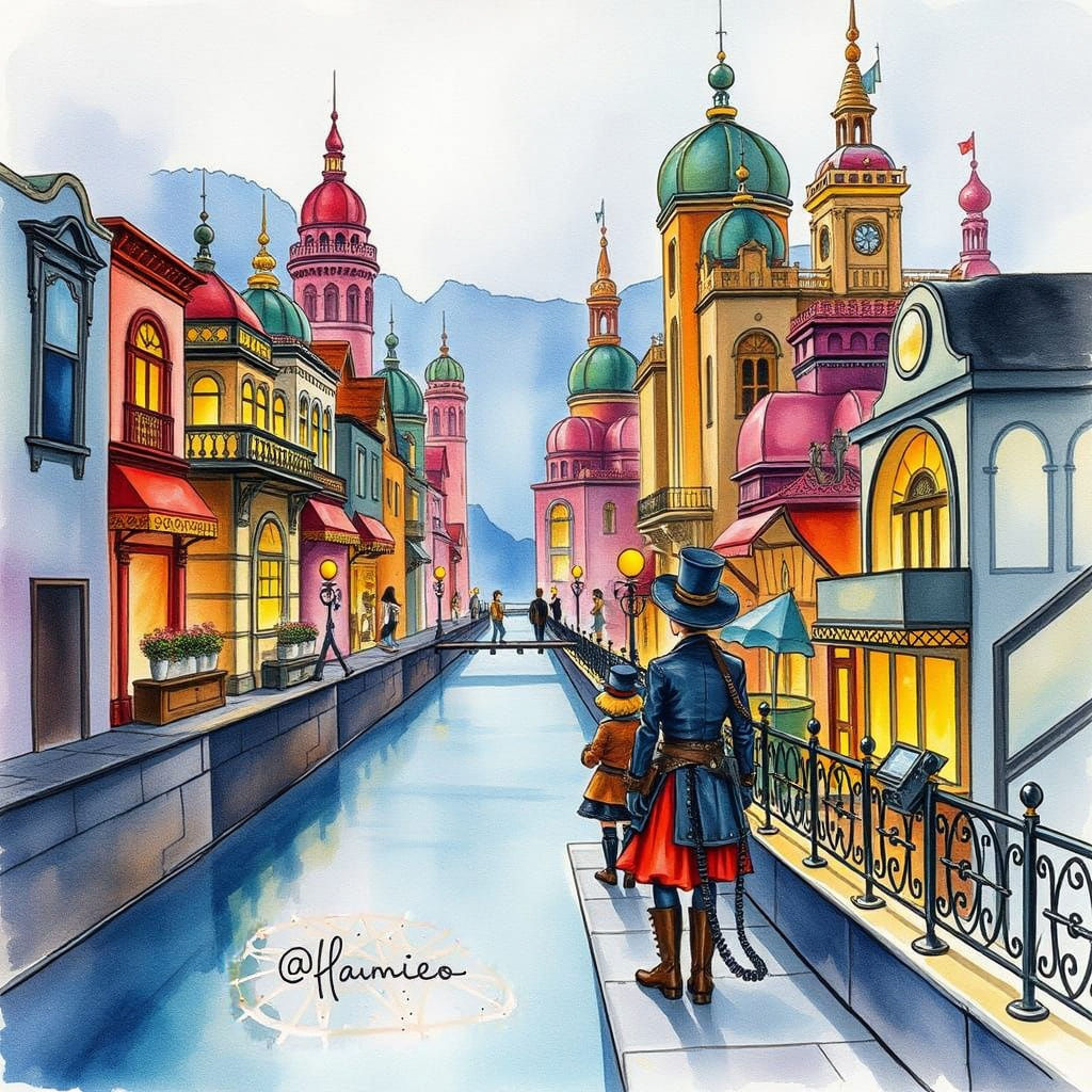 Art Deco City with Kidcore Steampunk Style