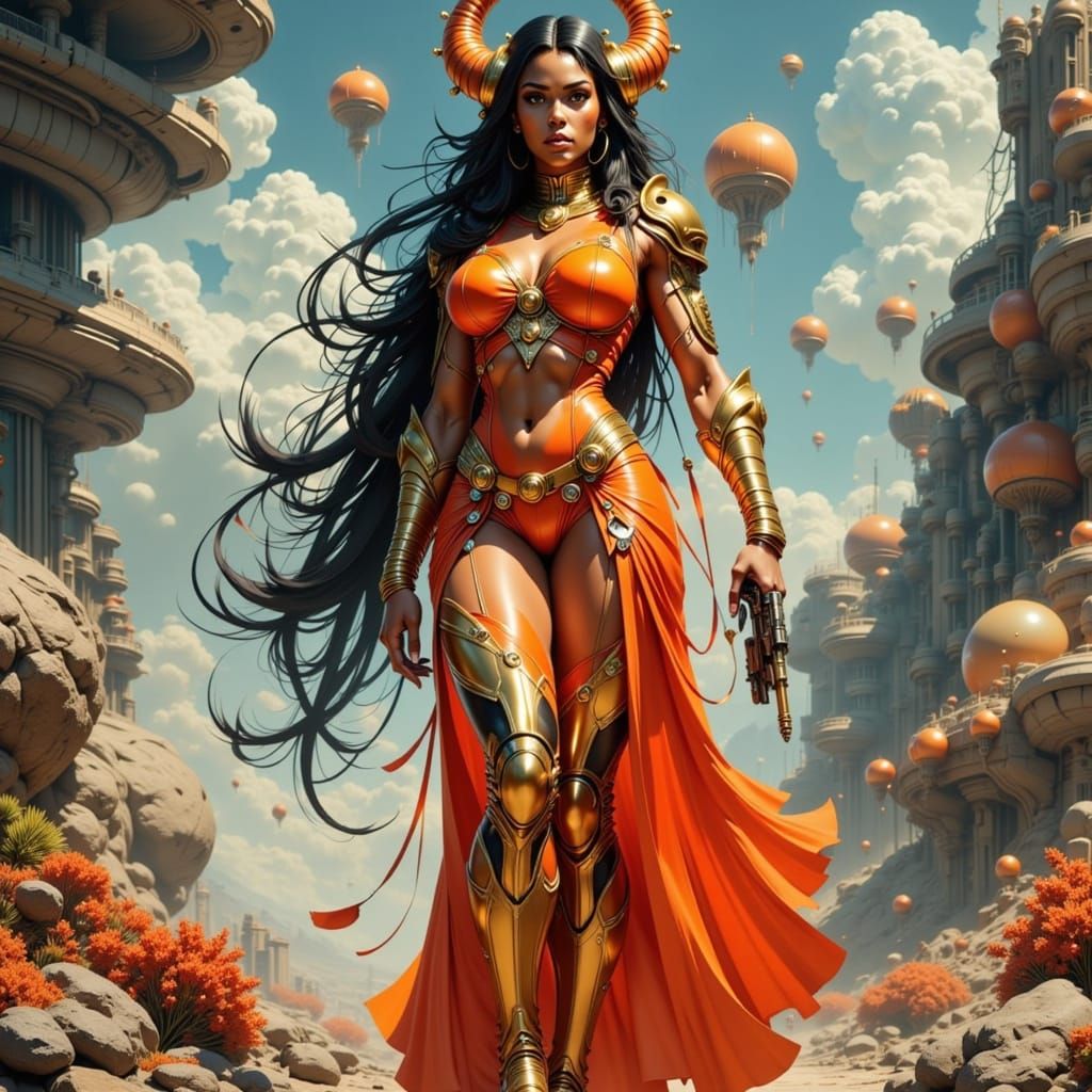 Cyborg Woman with Horns in Retro-Futuristic Style