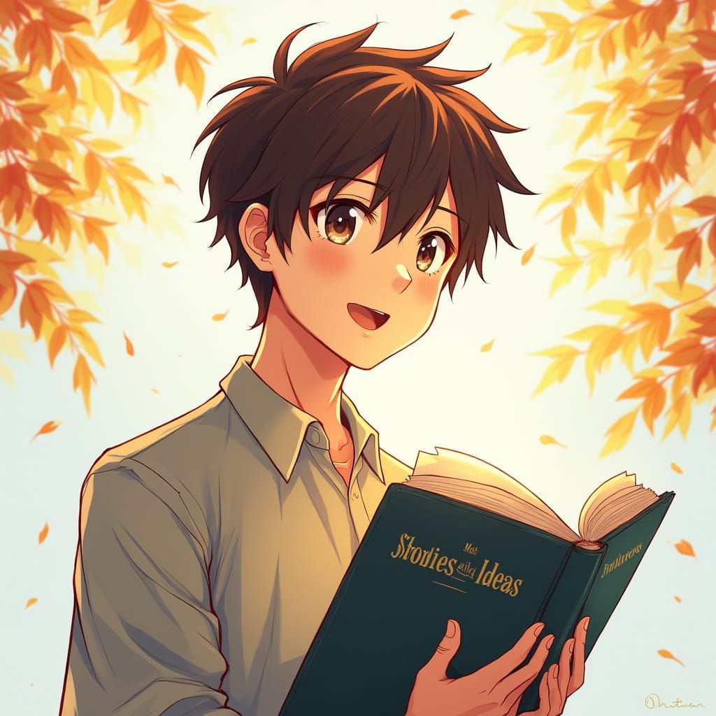Man Holds Book of Stories and Ideas in Anime Style