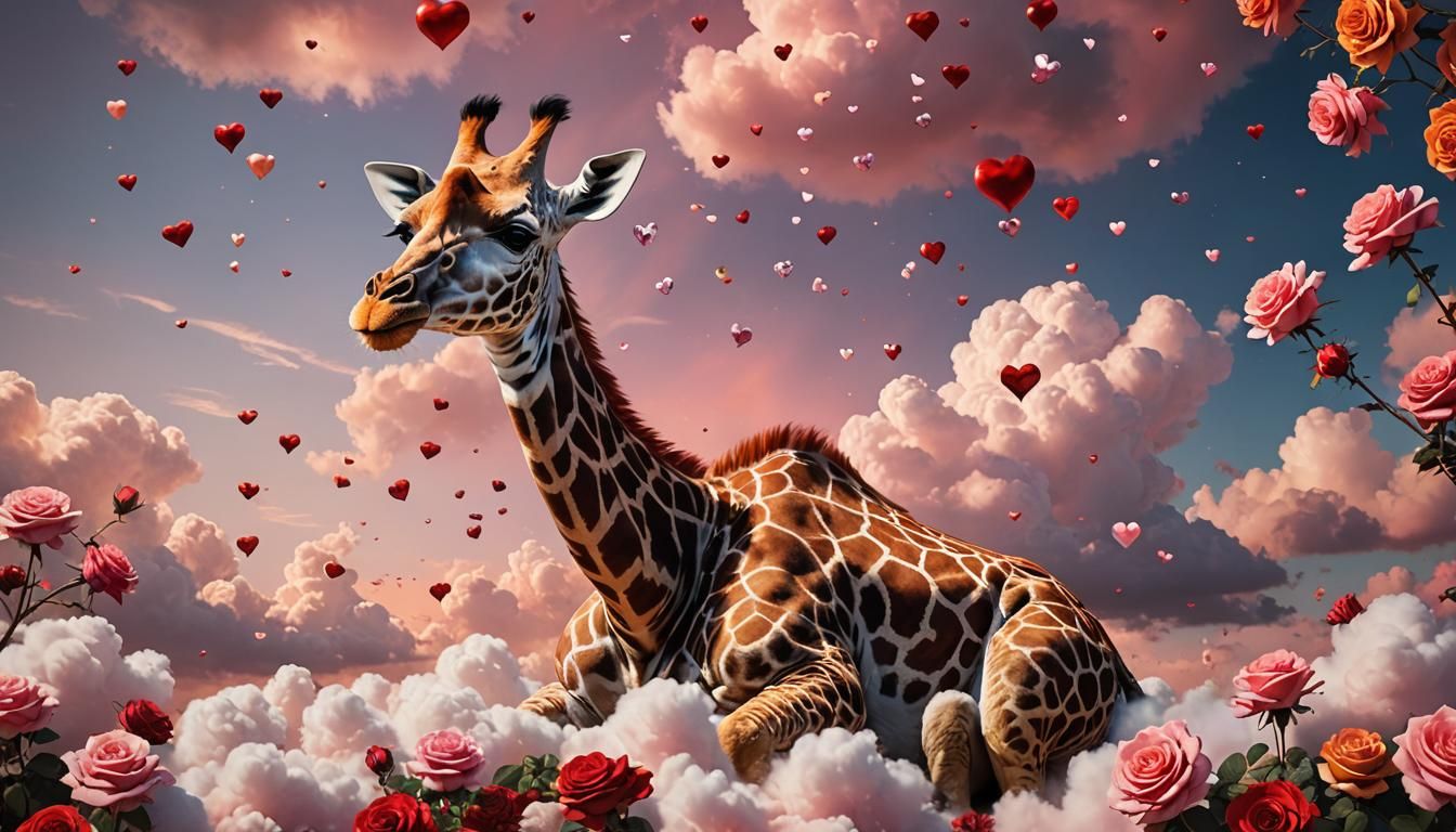 Giraffe in Dreamscape with Roses and Hearts