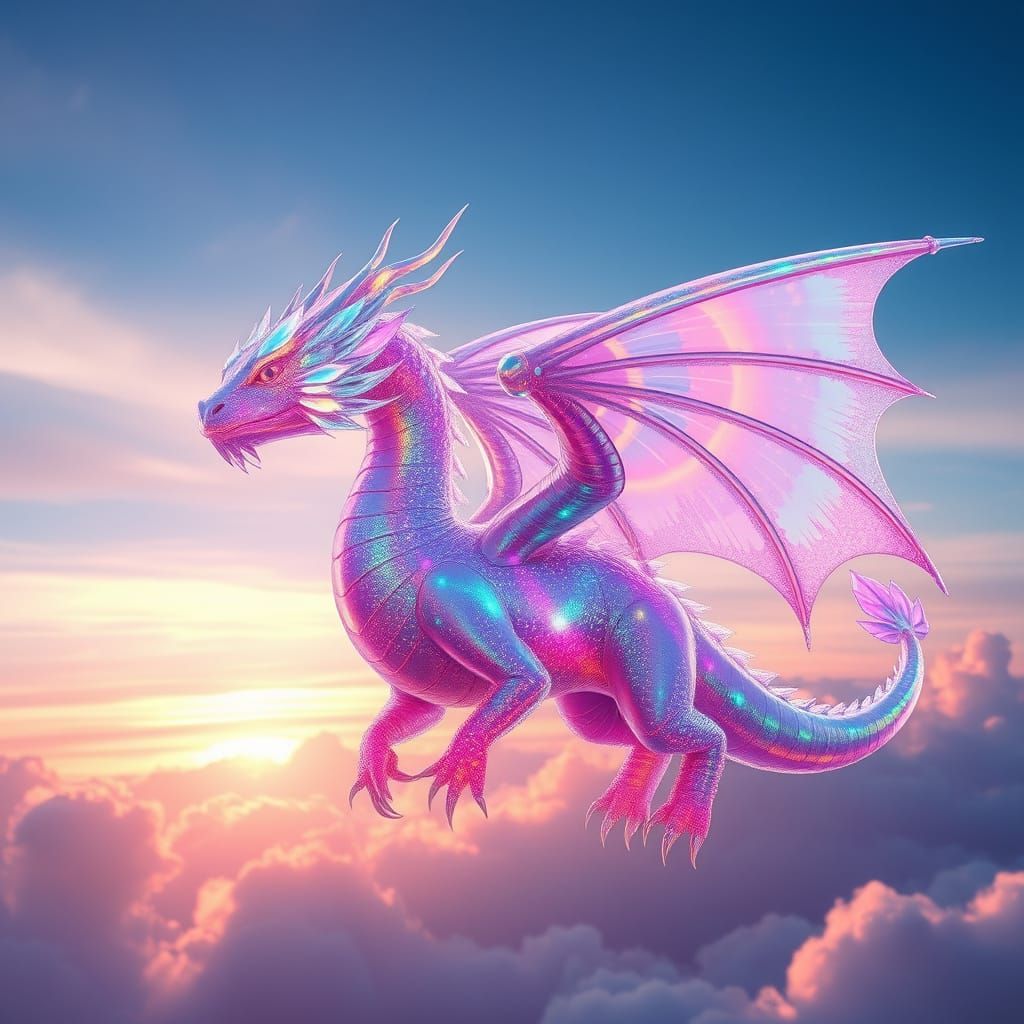 Crystal Dragon Soaring at Dawn with Rainbow Reflections