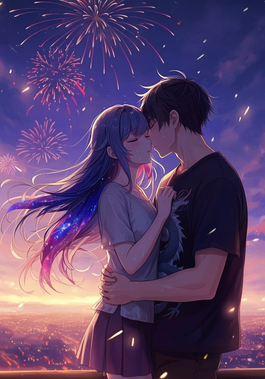 Anime Fireworks Festival: Passionate Embrace in Pastel Style