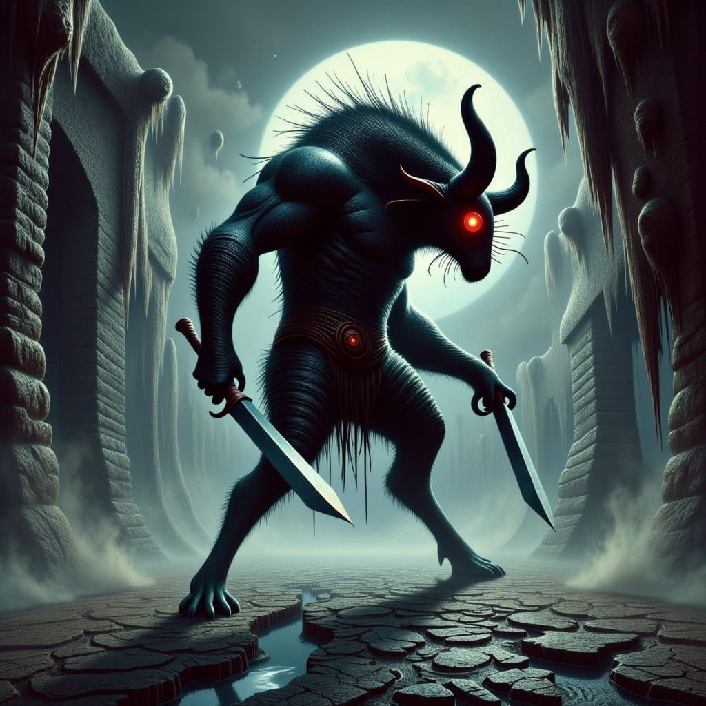 Minotaur Assassin in Moonlit Temple Ruins