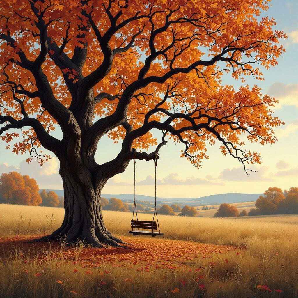 Golden Hour Oak Tree with Autumn Leaves and Swing
