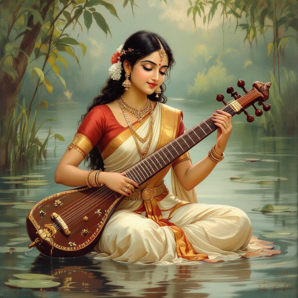 Saraswati Playing Veena in Ravi Varma Style