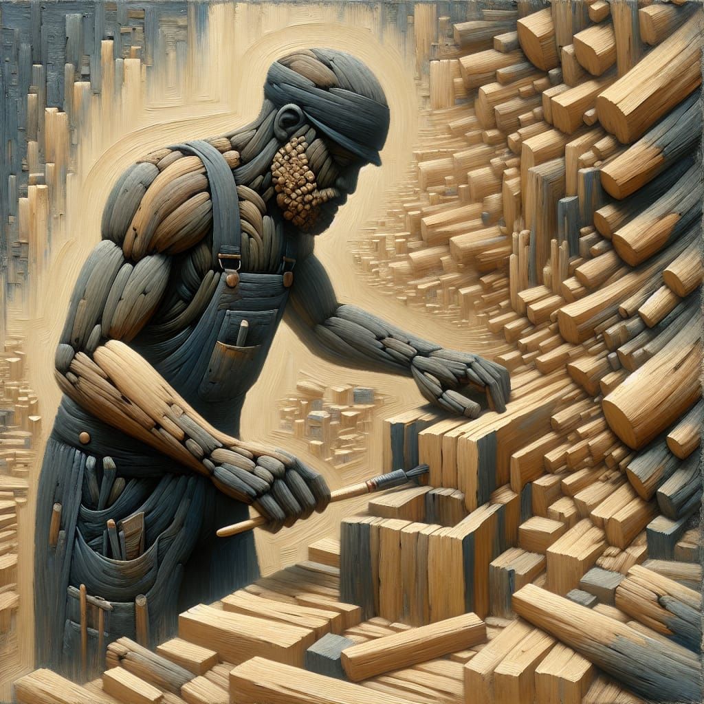 Wood Carving of Man in Surreal Impressionist Workshop