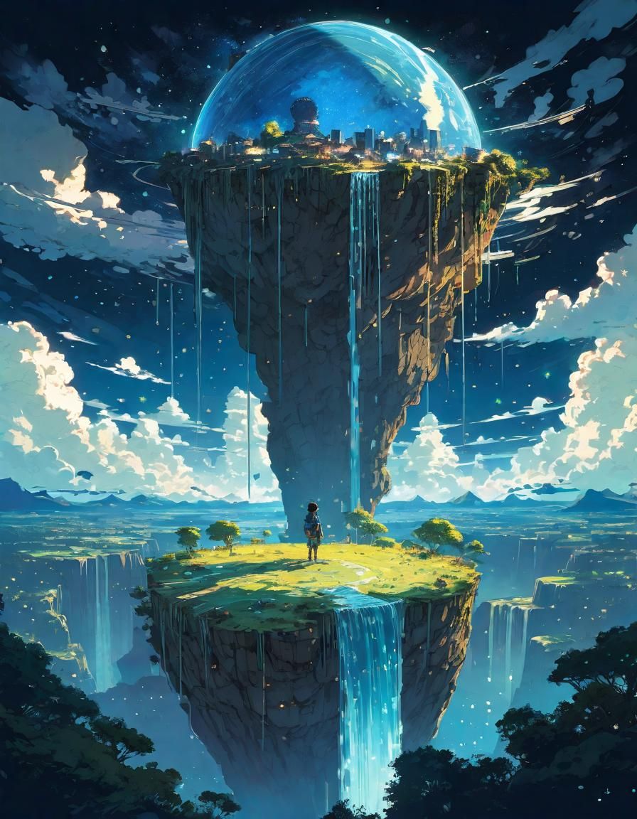 Surreal Floating Island City at Night