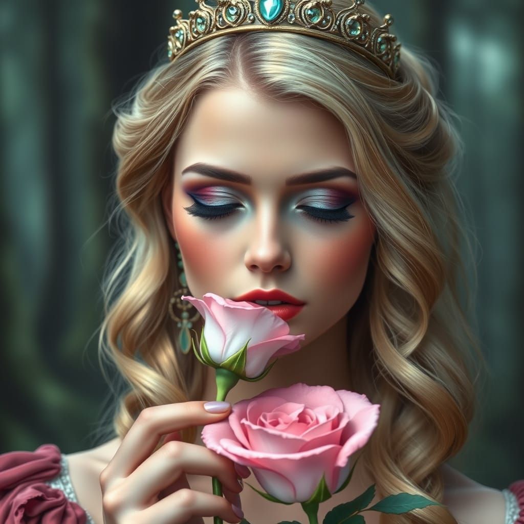 Renaissance Princess with Wavy Blonde Hair and Aquamarine Ey...