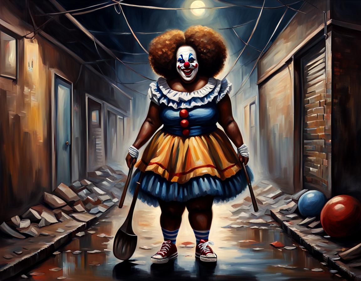 Clowncore African American Woman in Sewer: Oil Painting