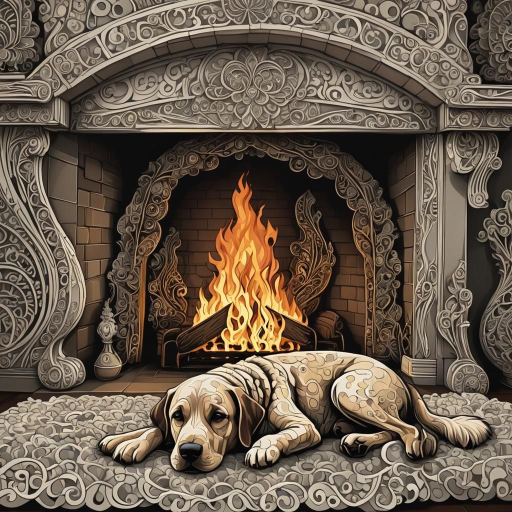 Dog Relaxing by Fireplace with Abstract Fractal Design
