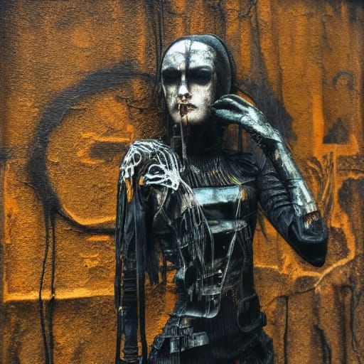 Cyber Goth Model Against Vibrant Street Art Mural