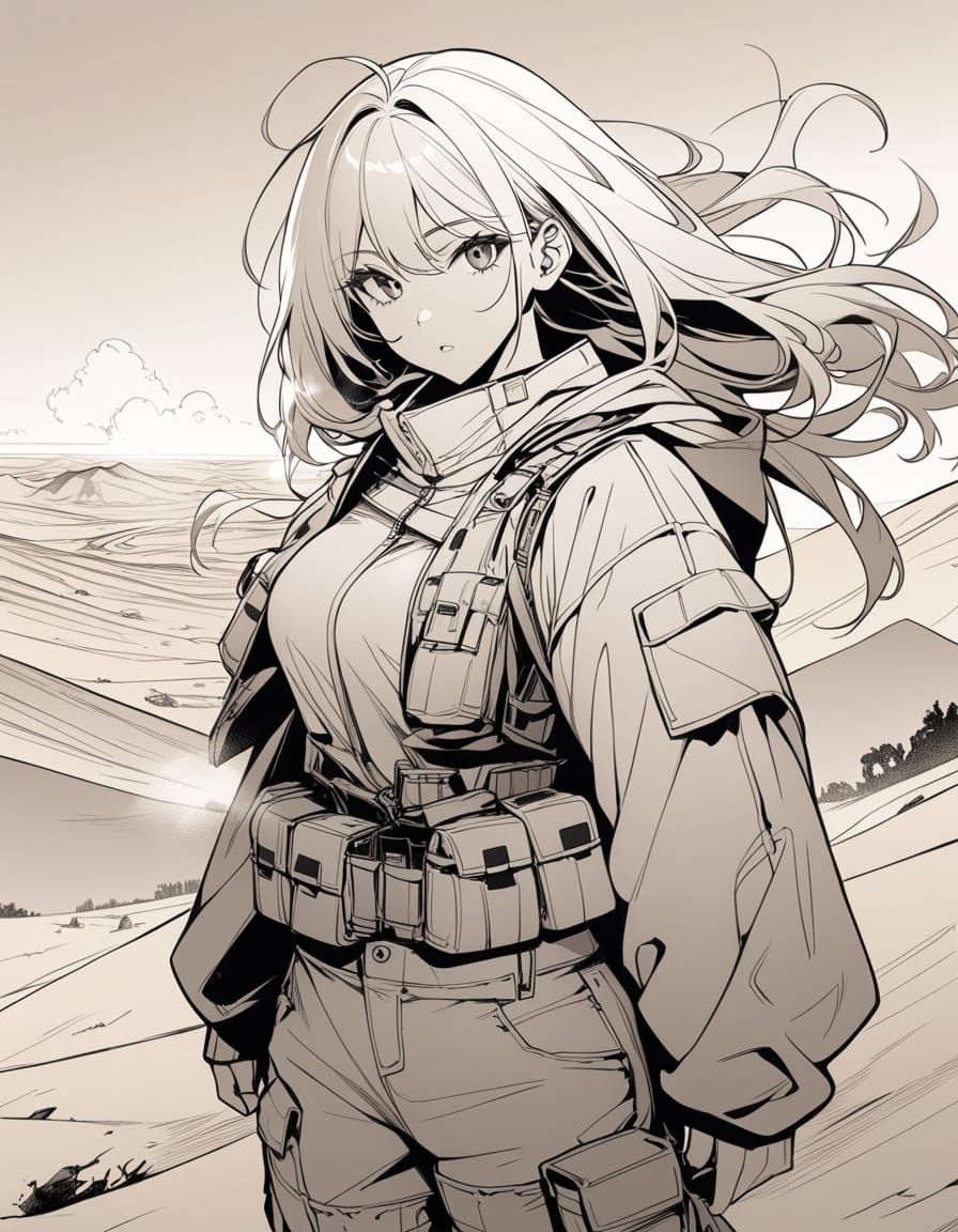 Monochrome Sci-Fi Girl in Desert Line Art