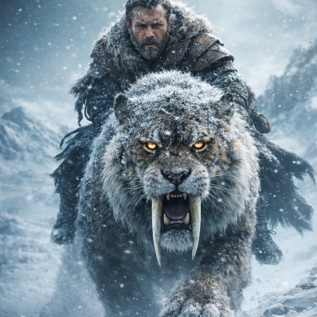 Epic Fantasy Rider on Saber-Toothed Tiger Across Snowy Lands...