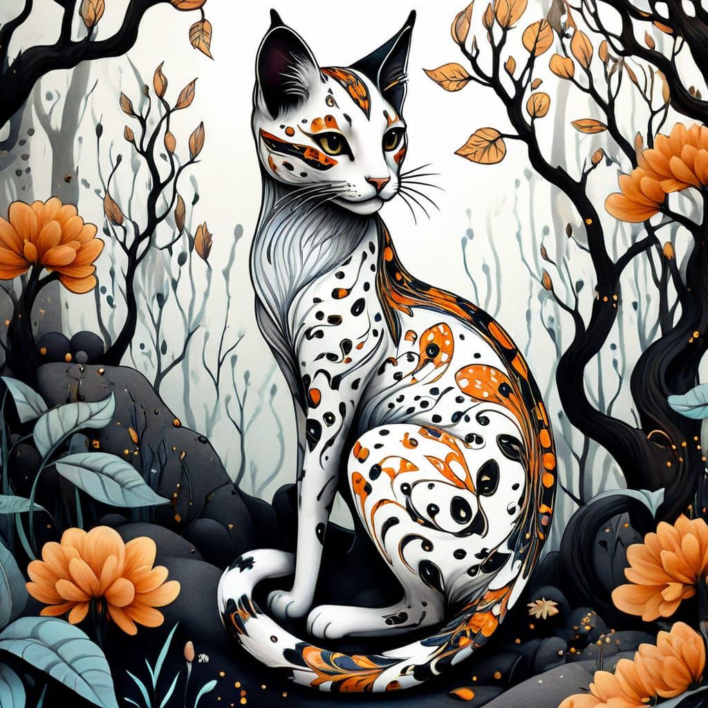 Whimsical Cat Perched on Enchanted Tree Branch