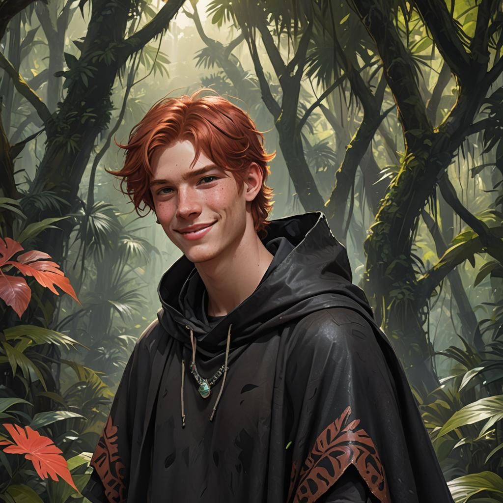 Jungle Portrait of Redhead Teen in Animal Hide Poncho