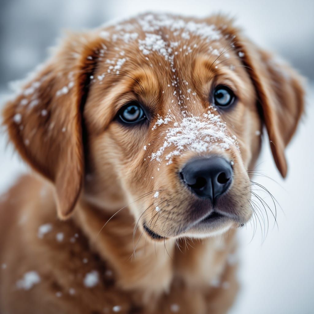 Realistic Baby Labrador Retriever in Snowy Forest