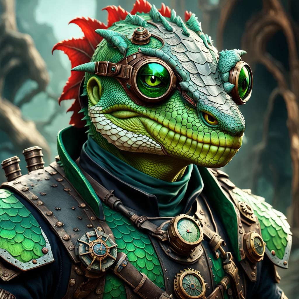 Lizardfolk Artificer with Steampunk Goggles, Digital Art