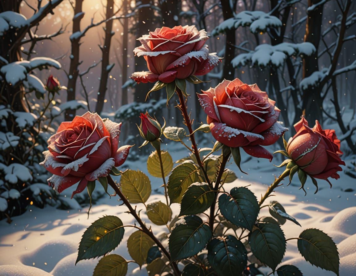 Hyperrealistic Red Roses in Snow, Oil Painting Style