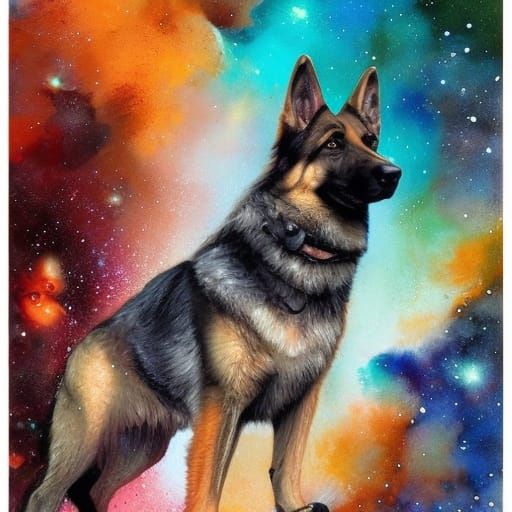 German Shepherd Dog in the Stars: Impasto Illustration