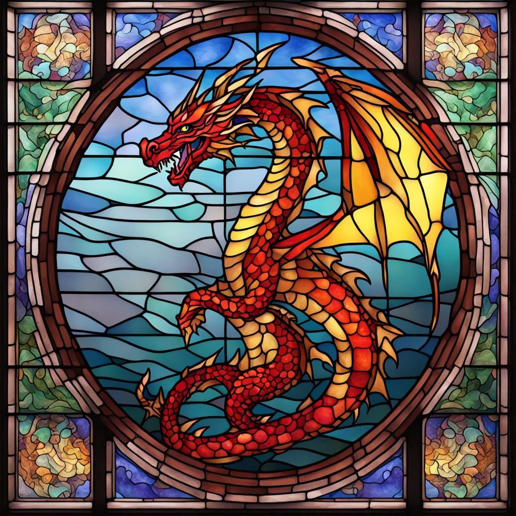 Stained Glass Dragon Window in Photorealistic Style