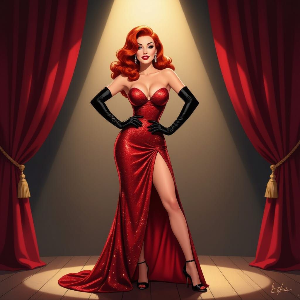 Glamorous Burlesque Dancer Jessica Rabbit in Red Gown