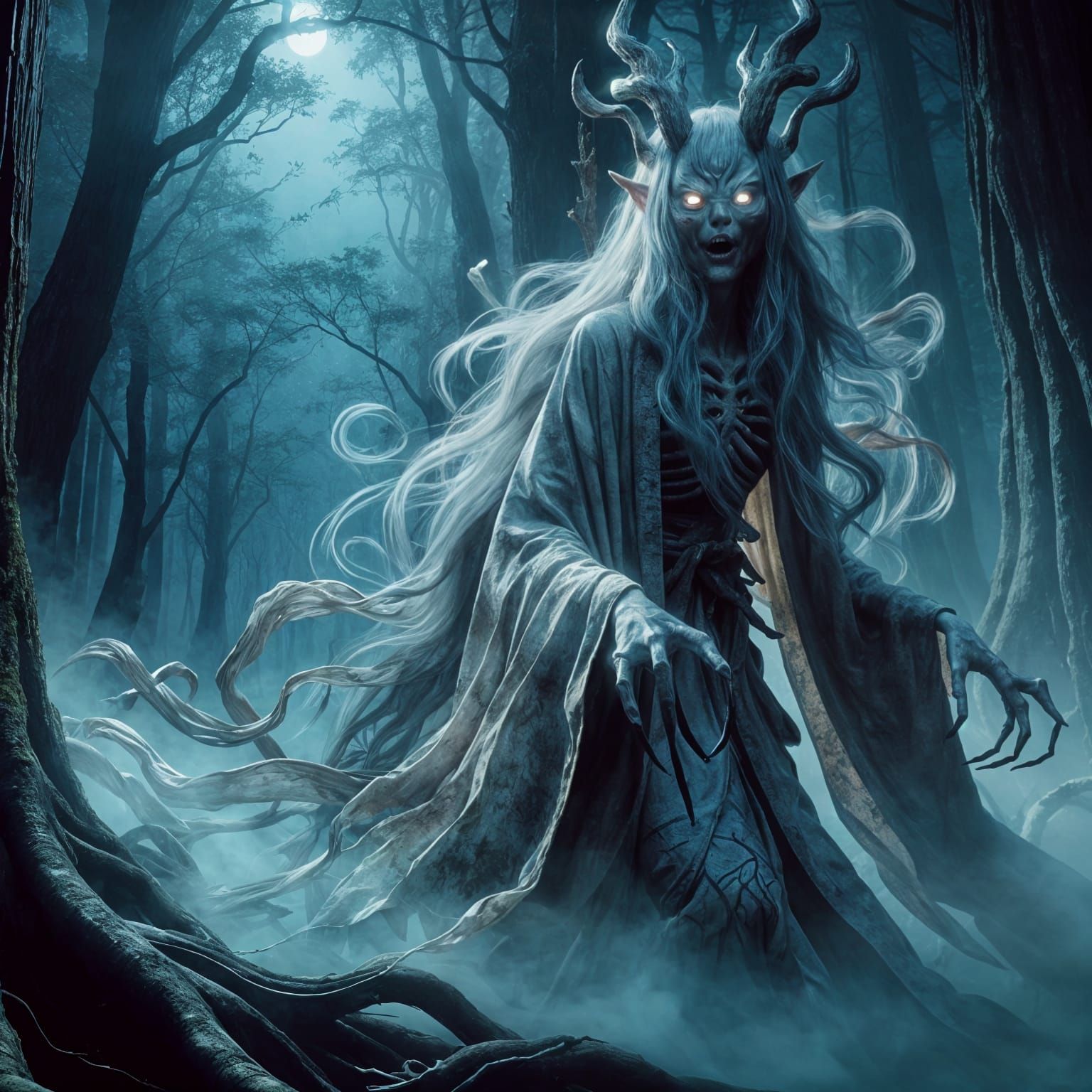 Ethereal Yokai Emerges from Foggy Forest