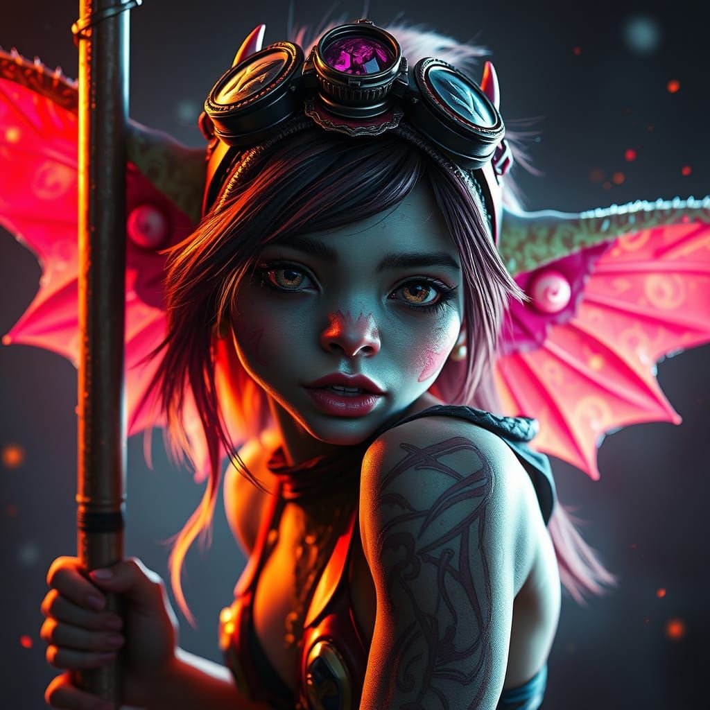 Ethereal Gremlin Pole Dancer in Vibrant Triadic Hues