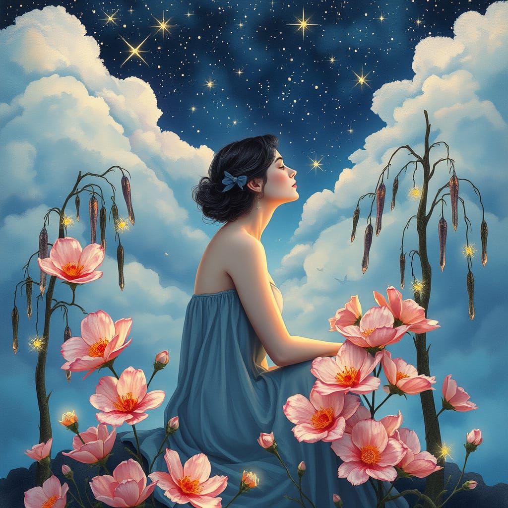 Whimsical Woman in Enchanted Dream Landscape