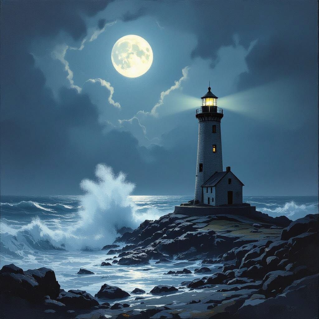 Lighthouse in Stormy Seas: A Romantic Seascape