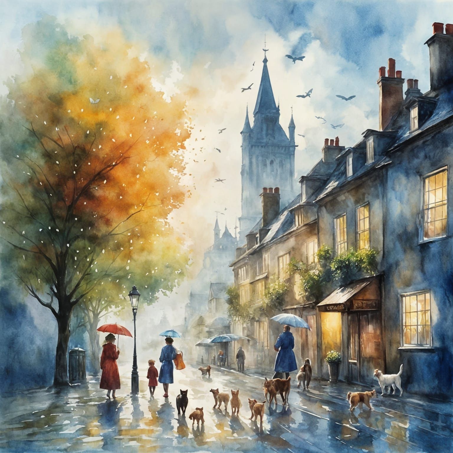 Whimsical Cats Fall from Sunny Skies in Watercolour
