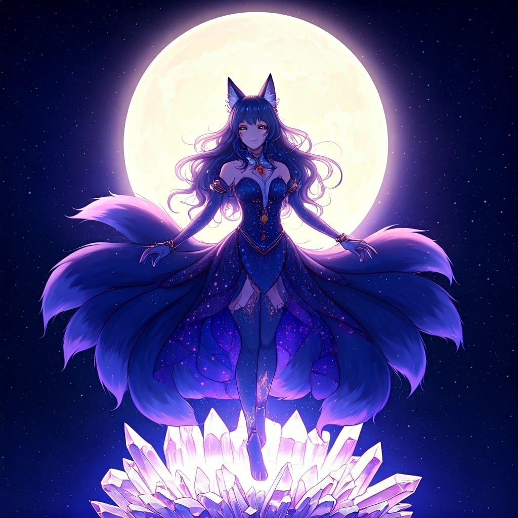 Celestial Anime Fox Girl Dancing Under the Moon
