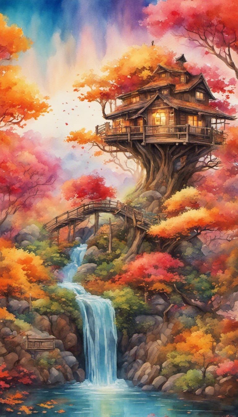 Magical Autumn Treehouse in Watercolor Sunset