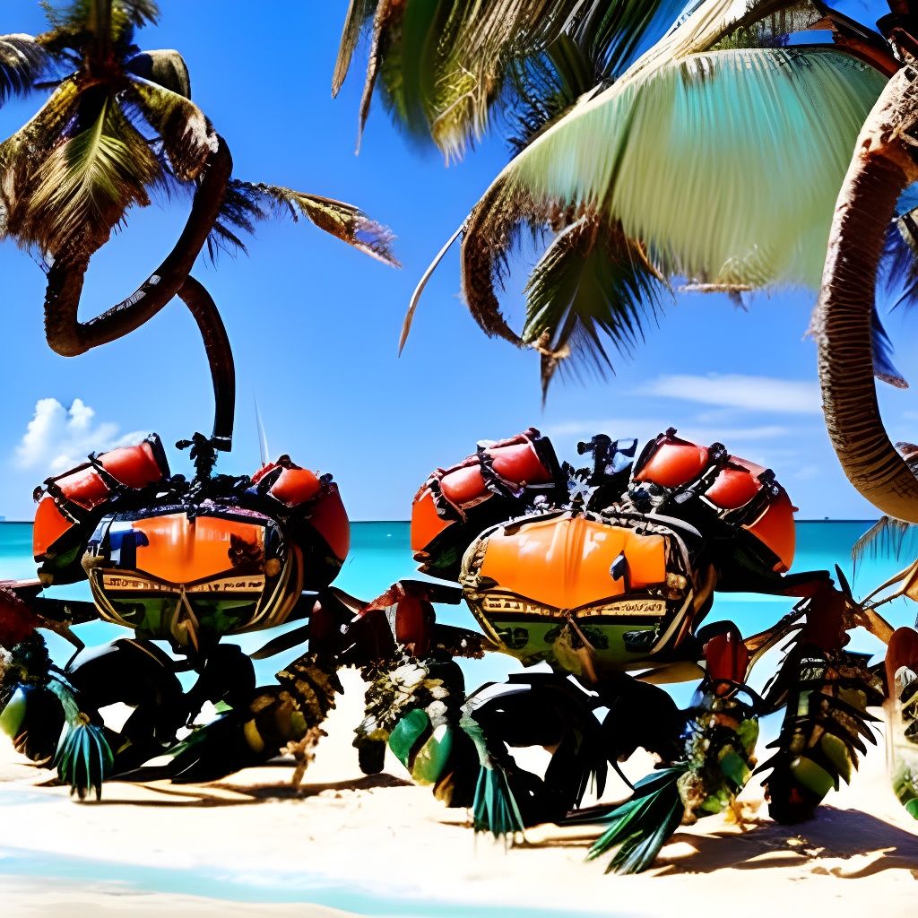 Cyborg Coconut Crabs on a Tropical Beach