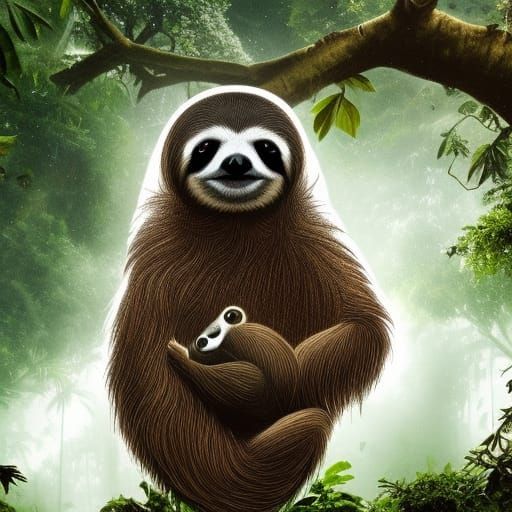 a Santa sloth in the lush amazon forest with her babies