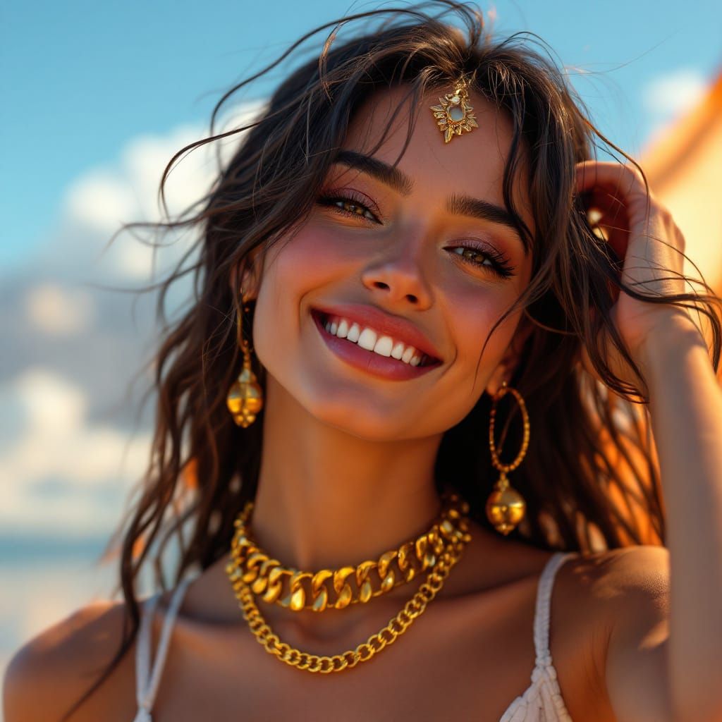 Golden Woman with Necklace in Fantasy Style