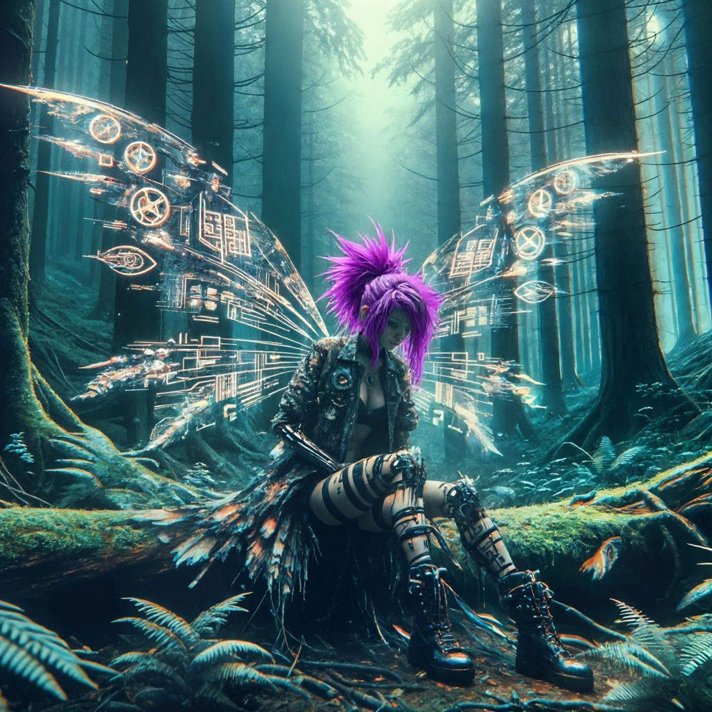 Cyberpunk Fairy in Enchanted Forest with Glowing Wings