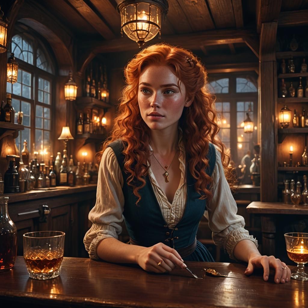 Redhead Bartender in Dimly Lit Inn, Matte Painting