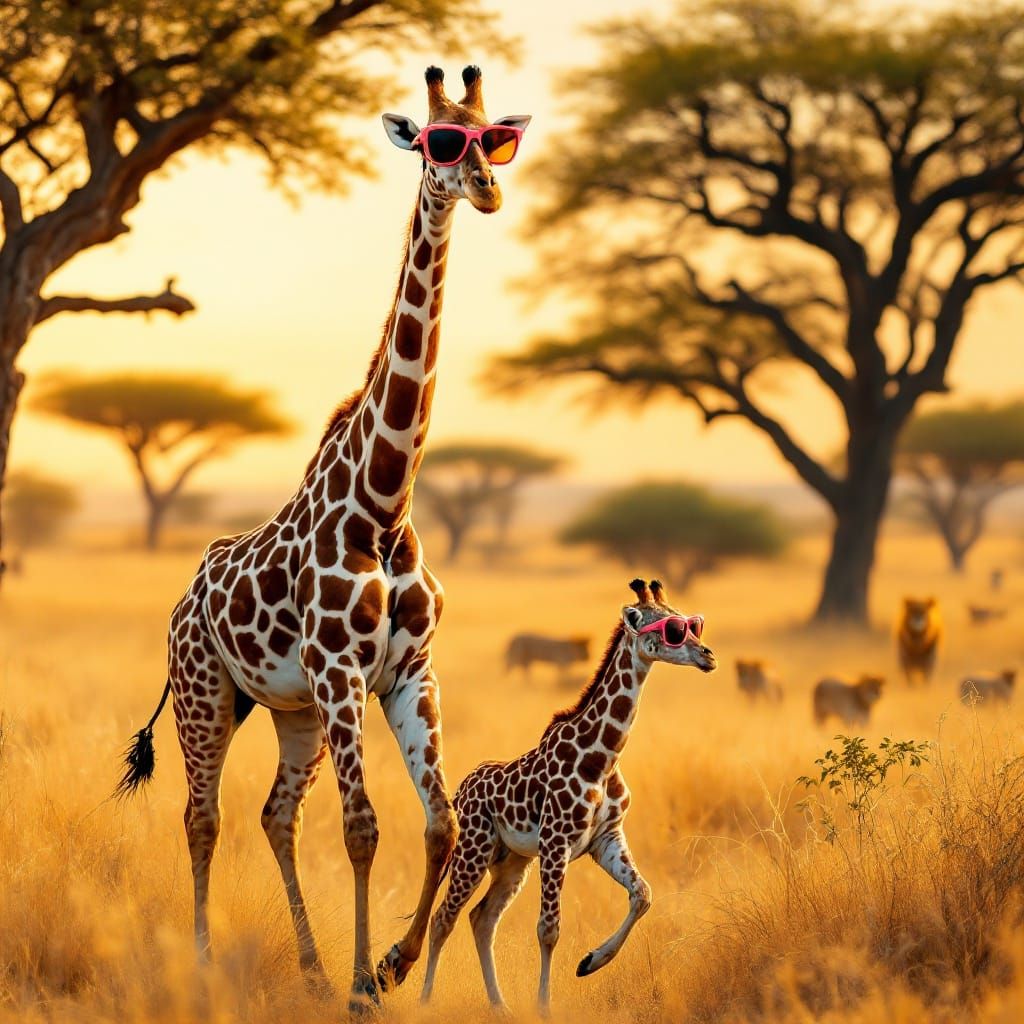 Giraffe Family in Sunglasses Strolling Through Savanna