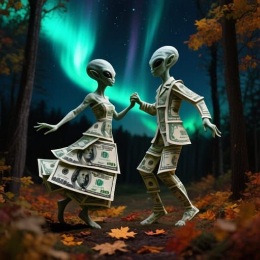 Alien Couple Dancing in Autumn Forest Under Northern Lights