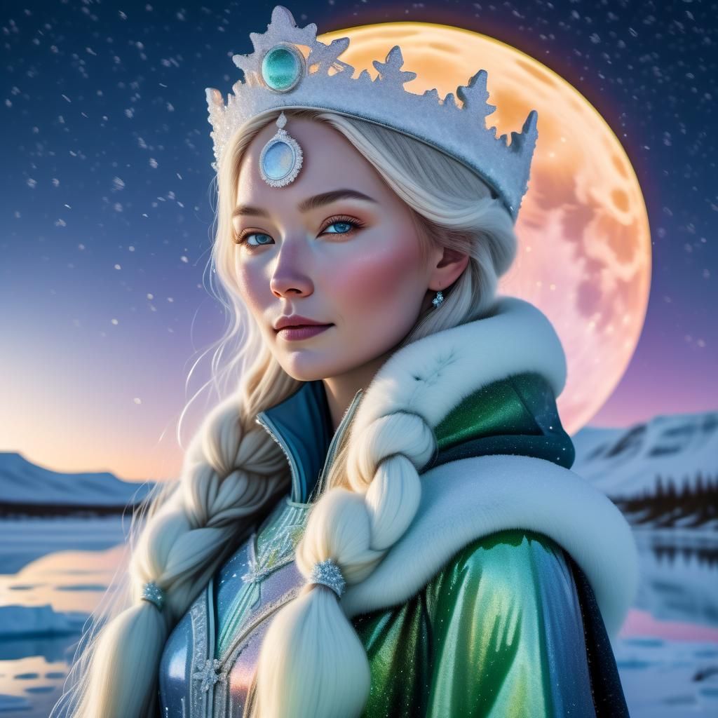 Icy Arctic Queen Portrait in Shimmering Aurora Light