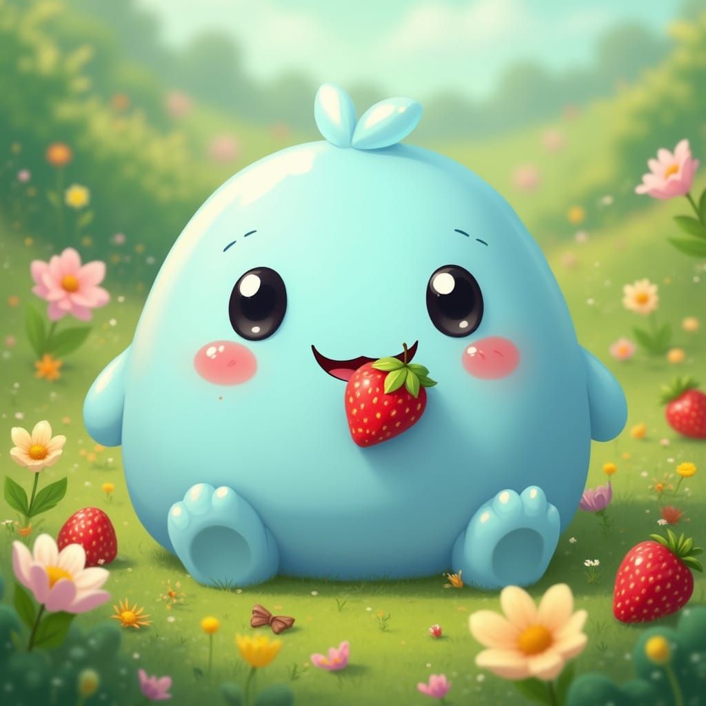 Whimsical Baby Blue Blob in a Lush Green Meadow