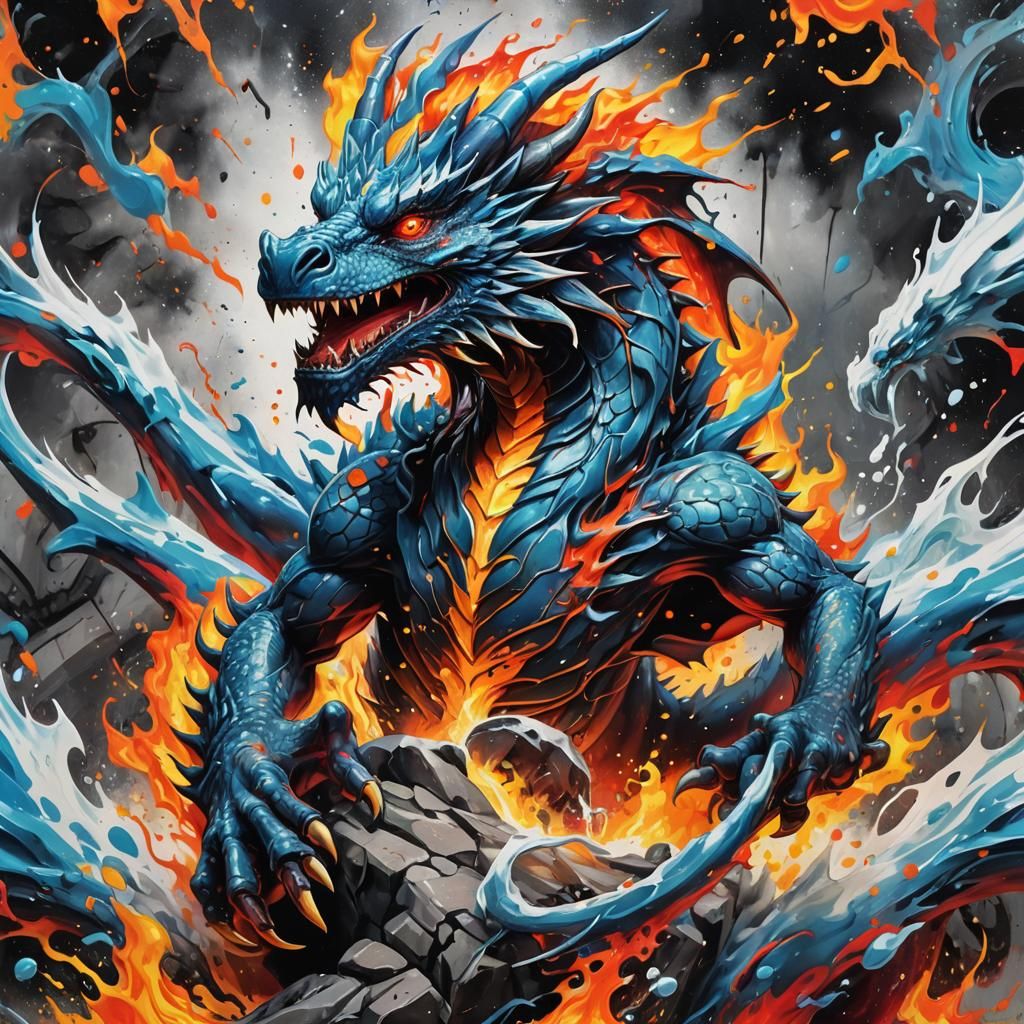 Polychromatic Ice and Fire Dragon Graffiti Art