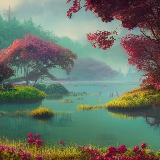 Serene Lake Landscape with Warrior and Woman