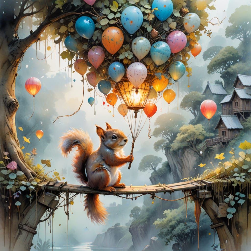 Whimsical Squirrel Crosses Vine Bridge to Balloon Village