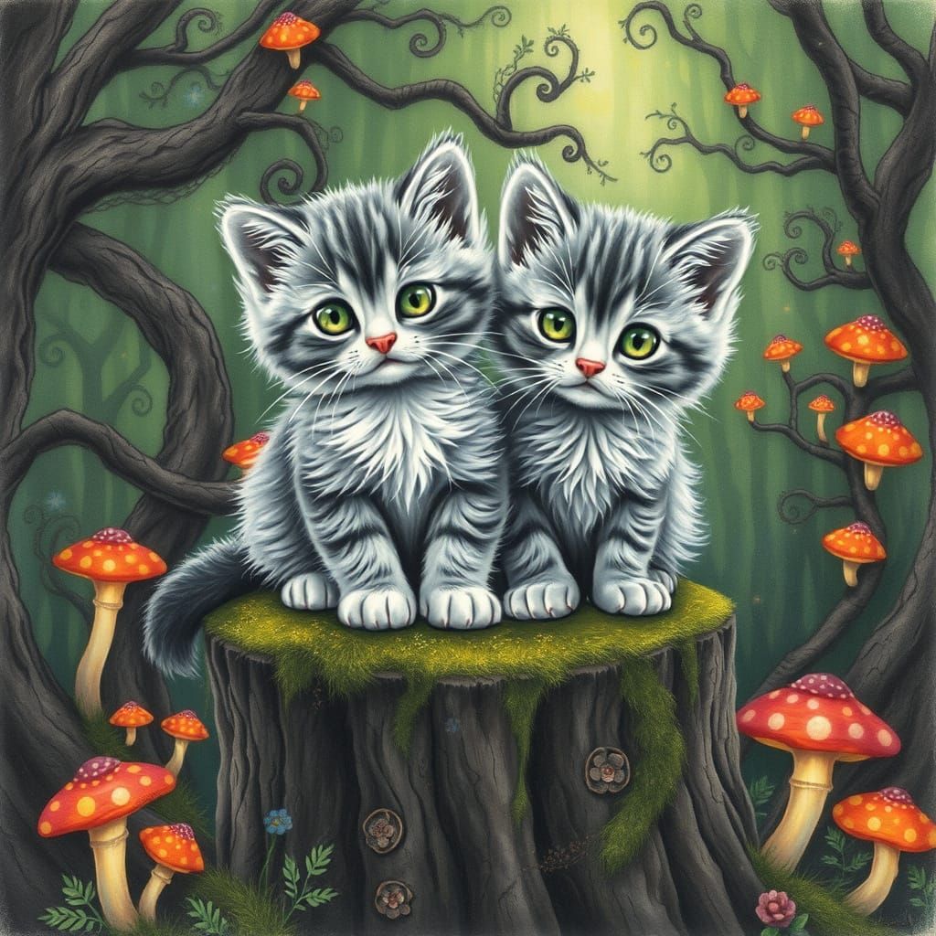 Whimsical Kitten Couple in a Vibrant Forest Scene