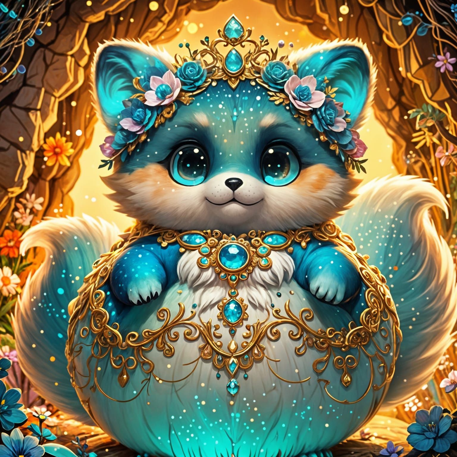Glowing Blue Fox Goddess in Whimsical Cave Sanctuary