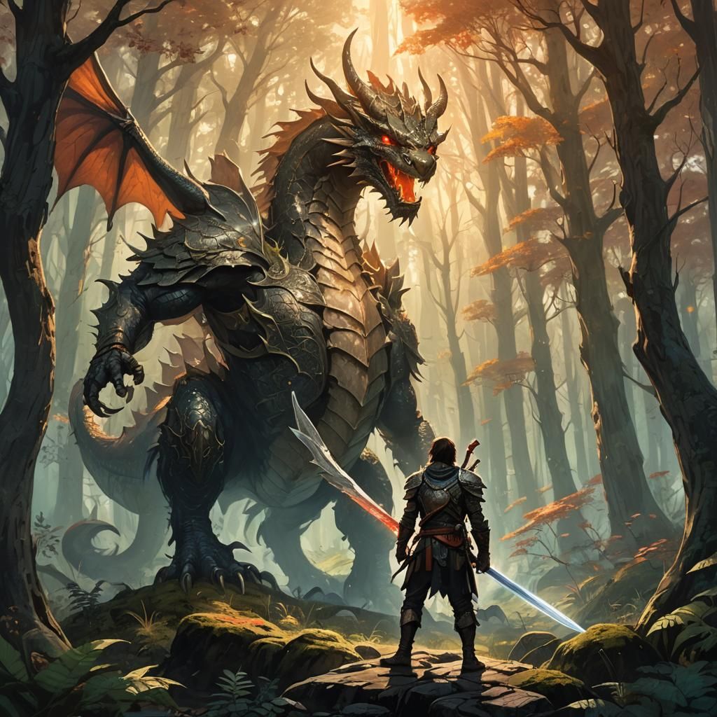 Warrior and Dragon in Mystical Forest Concept Art