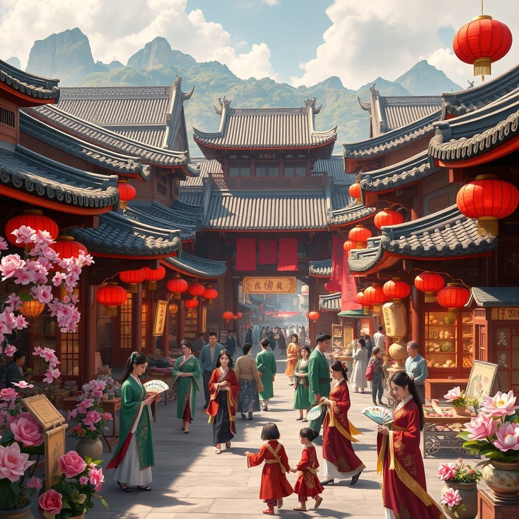 Ancient Chinese Market Square in Vibrant Bloom