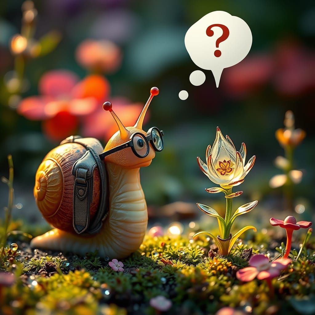 Curious Snail Discovering Glass Plant in Garden